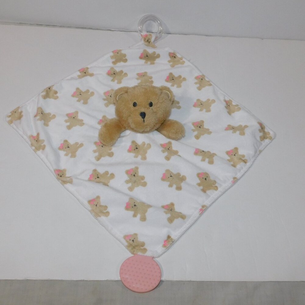 Modern Baby Tan Bear Pink Security Blanket Bow Baby Lovey Nunu Soother teether